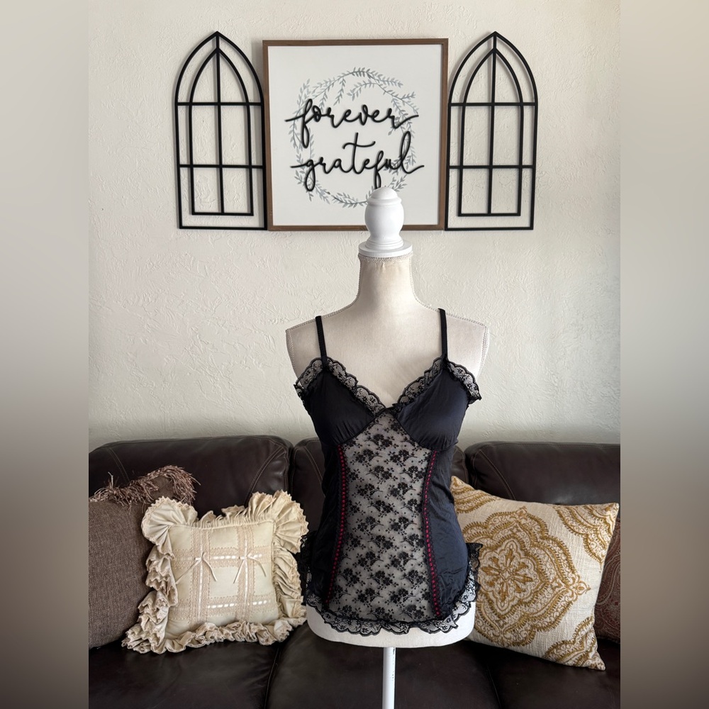 Vintage Nan Flower Floral Black Lace & Red Ribbon Camisole Top Size M - Picture 11 of 11